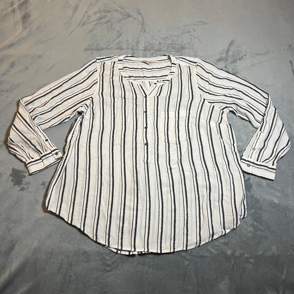 Lucky Brand Striped Half Button Up Popover Blouse Size 1X Classic Casual Preppy